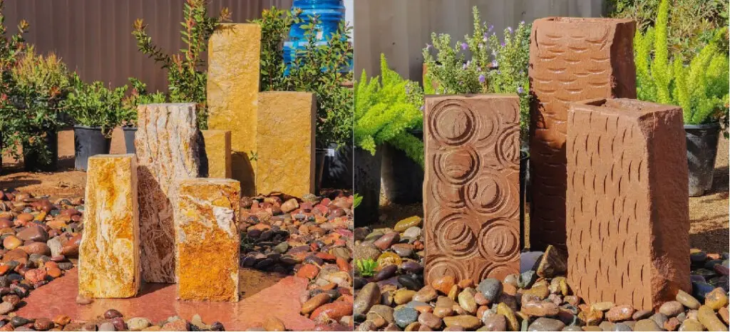 A display of stone fountain water features.