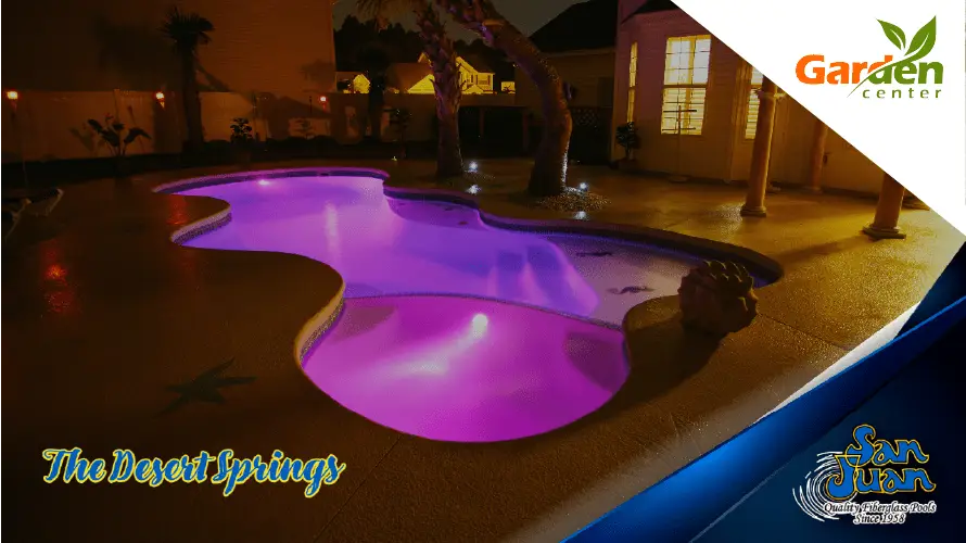 San Juan Desert Springs inground fiberglass pool with violet lighting effects